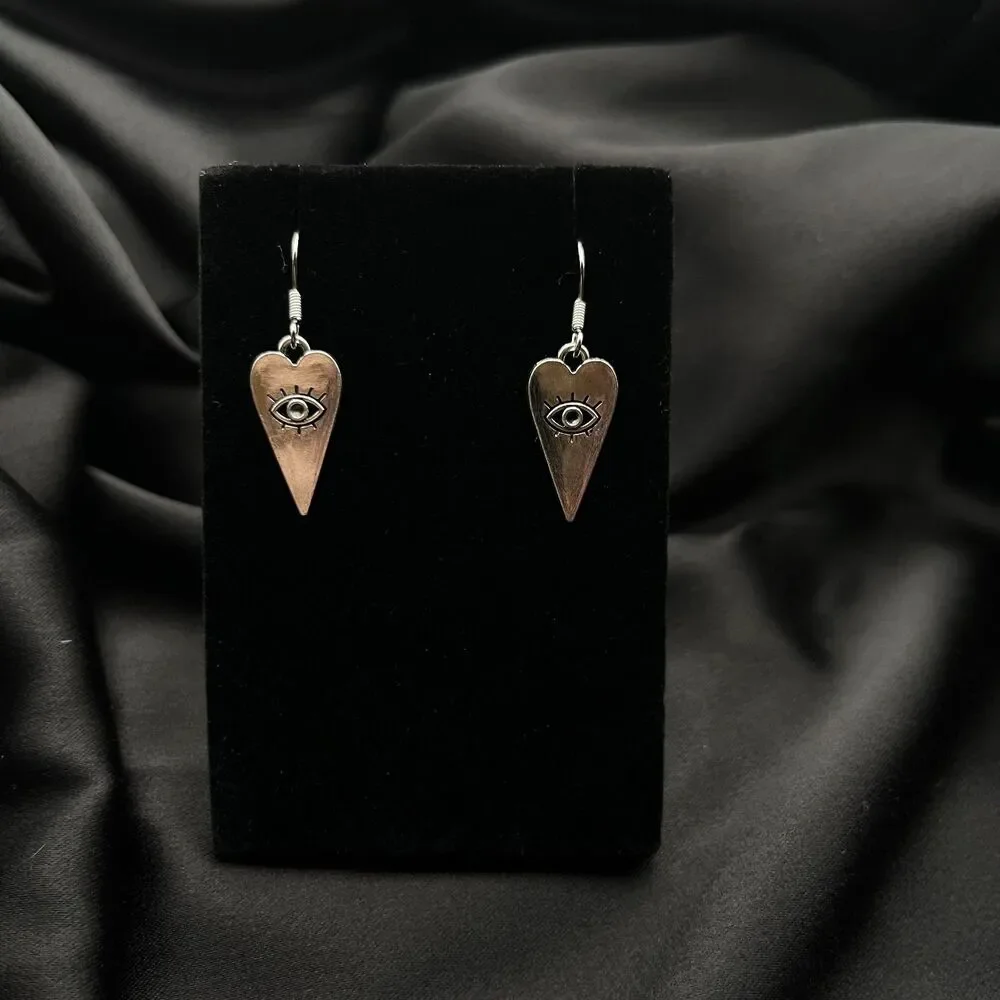 Silver Evil Eye Dagger Heart Earrings Inches Bohemian Whimsigoth Feminine Y2K